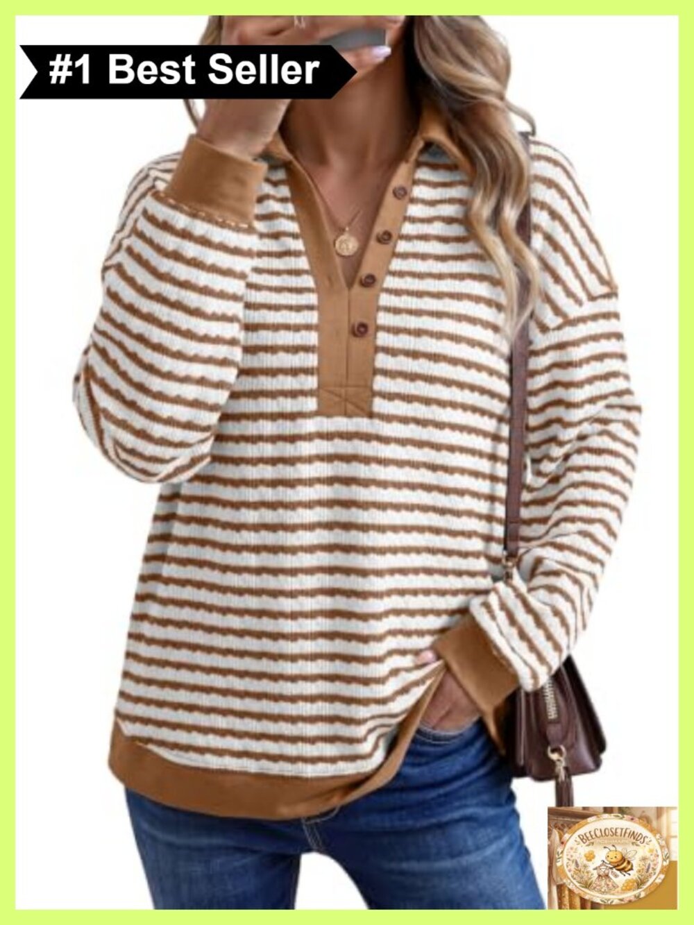 Oversized Lightweight Henley Neck Striped Pullover Sweatshirt for Women